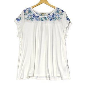Bob Timberlake Embroidered Yoke White Short Cap Sleeve Relaxed Fit Top Size XXL